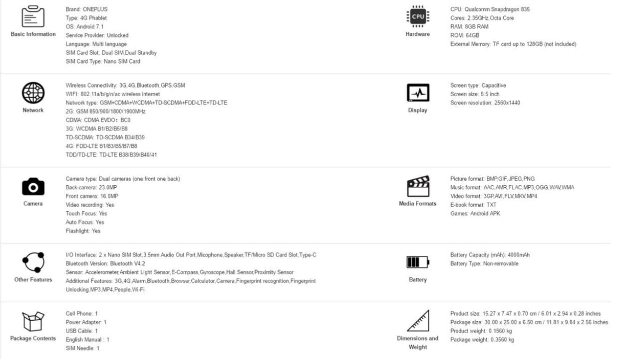 OnePlus 5 Specs Screenshot from GearBest