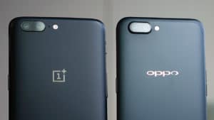 OnePlus 5 and OPPO R11 side by side. Both phones have a dual rear camera set up